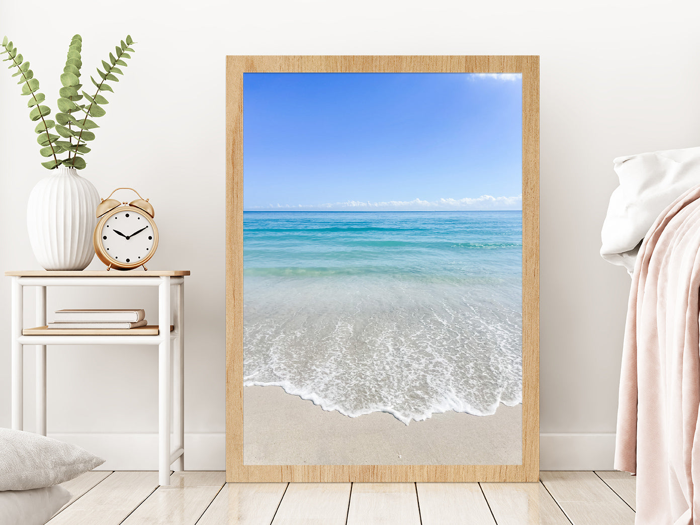 Blue Sky & Beach Waves on Sand Photograph Glass Framed Wall Art, Ready to Hang Quality Print Without White Border Oak