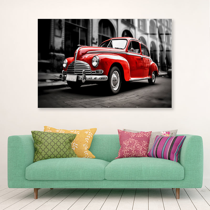 Old Red Car in the Street Acrylic Glass Print Tempered Glass Wall Art 100% Made in Australia Ready to Hang - Bella Home Decor