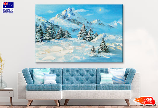 Winter Mountain Landscape & Snow Coverd Trees Oil Painting Wall Art Limited Edition High Quality Print