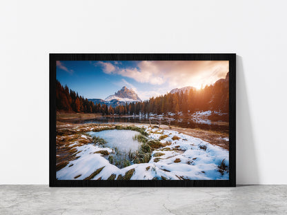 Morning Scenic In Lake Antorno Glass Framed Wall Art, Ready to Hang Quality Print Without White Border Black