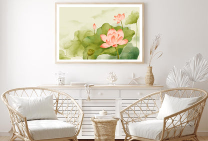 Painting Of a Pink Lotus Flower and Green Leaves Home Decor Premium Quality Poster Print Choose Your Sizes