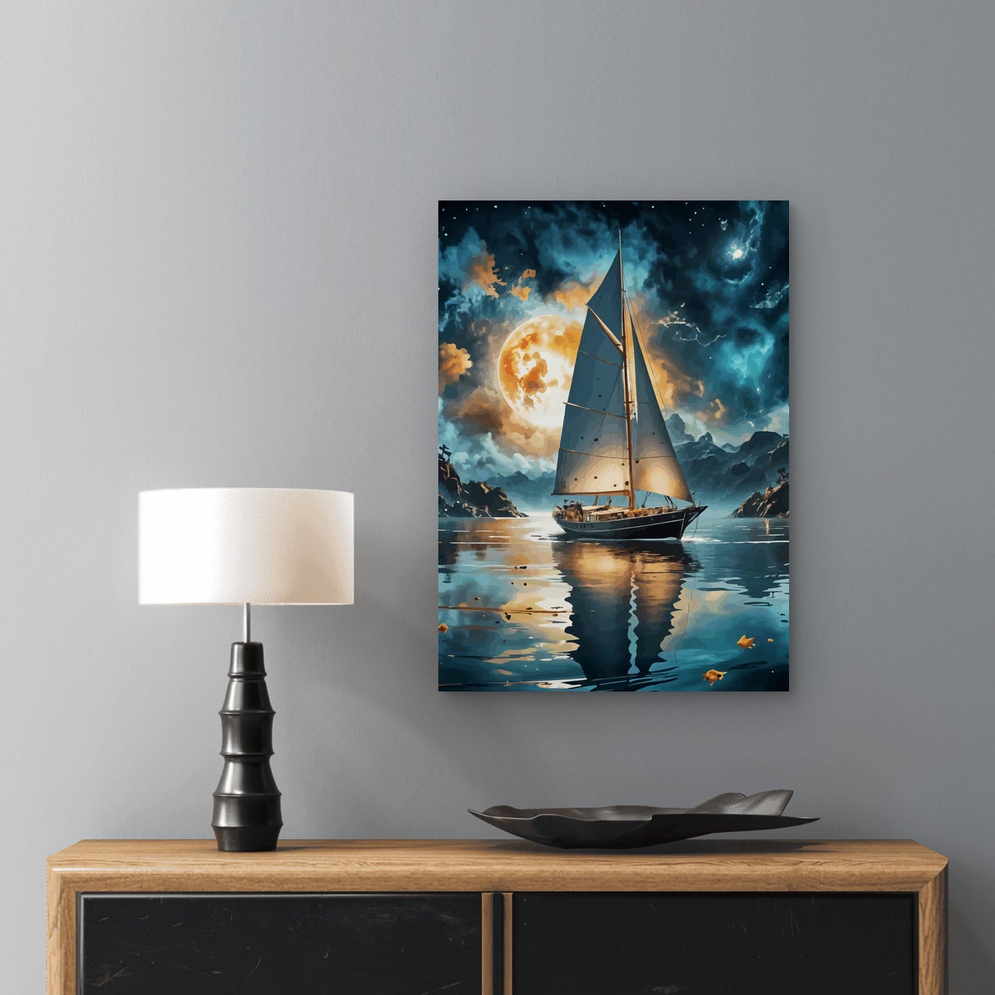Sailboat At Sea Night Moon 40x60cm Metal Print Ready to Hang - Bella Home Decor