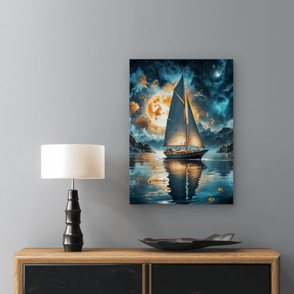 Sailboat At Sea Night Moon 40x60cm Metal Print Ready to Hang - Bella Home Decor