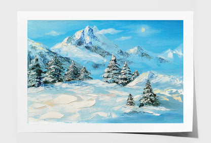 Winter Mountain Landscape & Snow Coverd Trees Oil Painting Wall Art Limited Edition High Quality Print Unframed Roll Canvas None