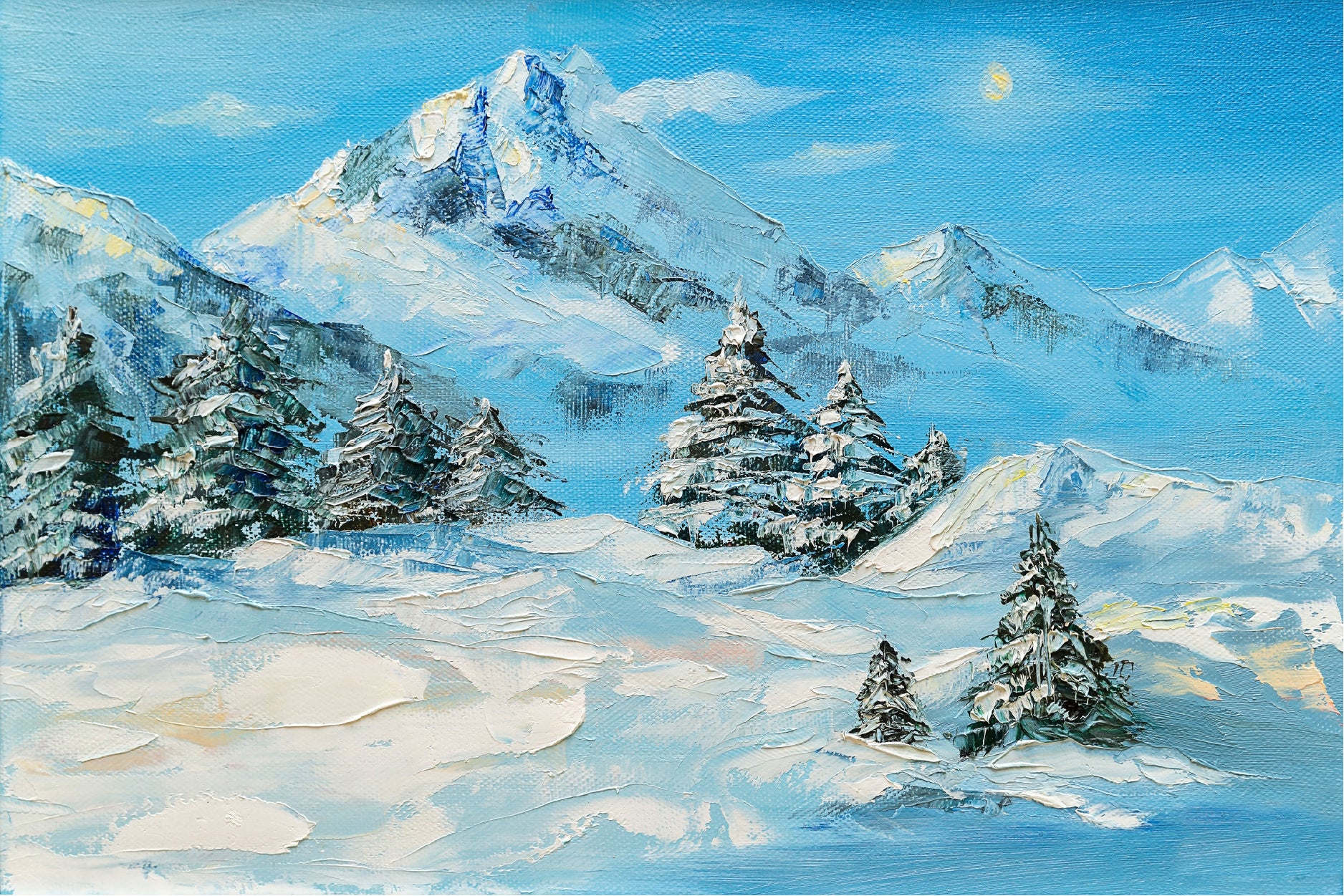 Winter Mountain Landscape & Snow Covered Trees Glass Framed Wall Art, Ready to Hang Quality Print