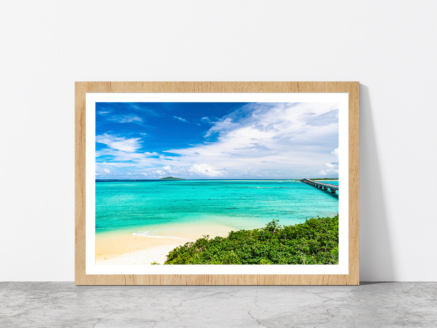 Ikema Ohashi Bridge In Beach Glass Framed Wall Art, Ready to Hang Quality Print With White Border Oak