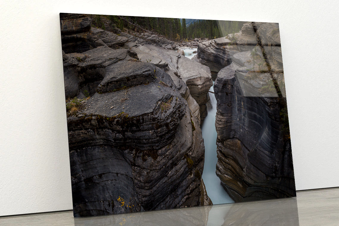 A River Flows through Cascading Over a Rocky Cliff Acrylic Glass Print Tempered Glass Wall Art 100% Made in Australia Ready to Hang