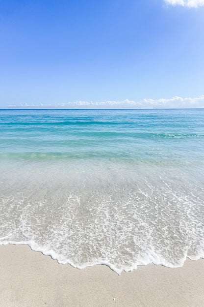 Blue Sky & Beach Waves on Sand Photograph Glass Framed Wall Art, Ready to Hang Quality Print