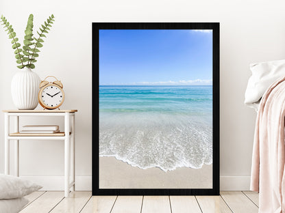 Blue Sky & Beach Waves on Sand Photograph Glass Framed Wall Art, Ready to Hang Quality Print Without White Border Black