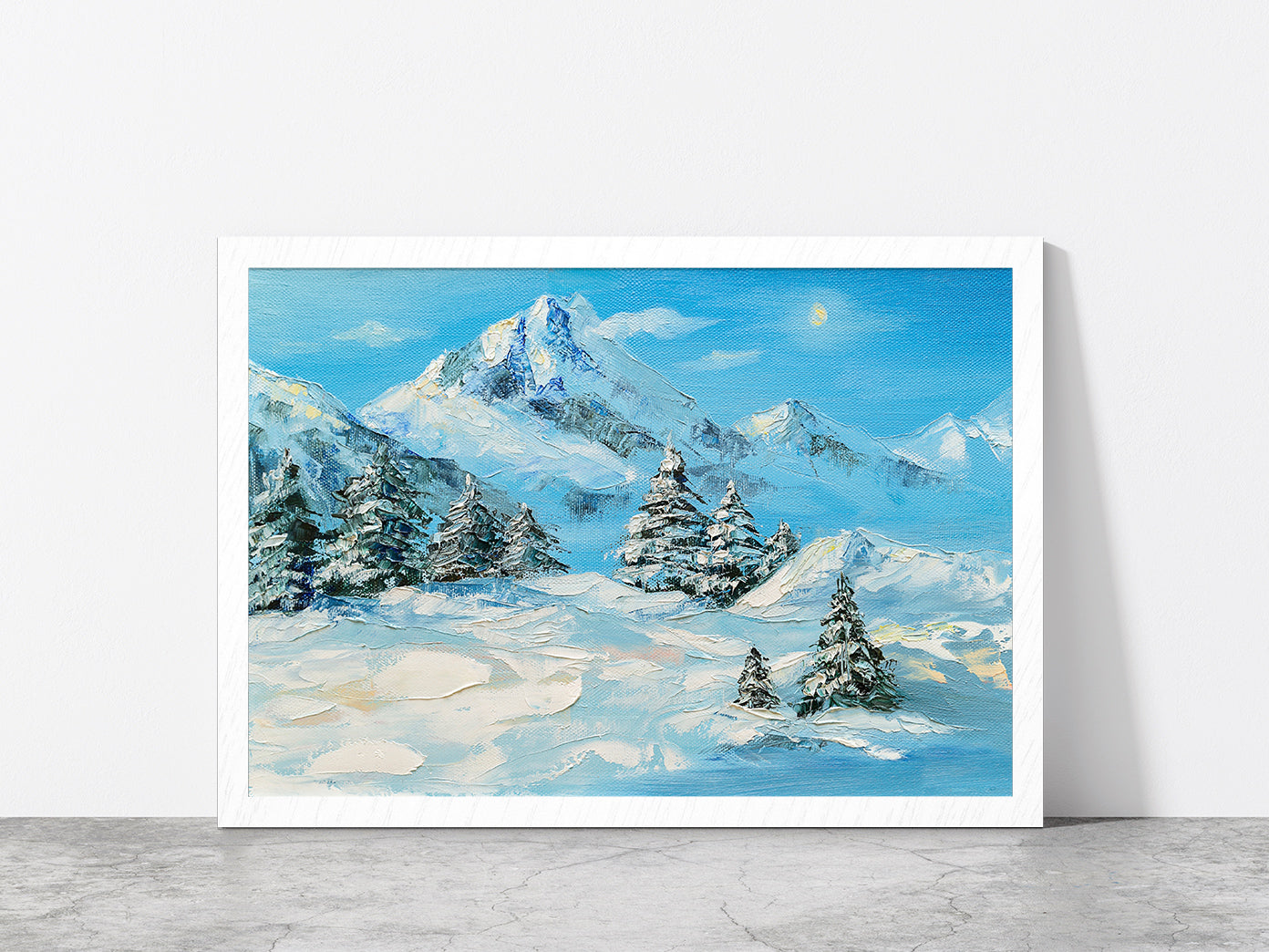 Winter Mountain Landscape & Snow Covered Trees Glass Framed Wall Art, Ready to Hang Quality Print Without White Border White