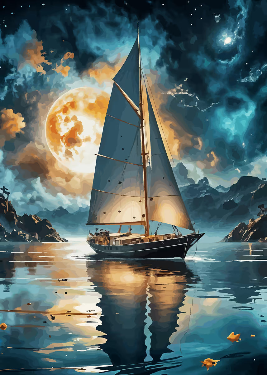 Sailboat At Sea Night Moon 40x60cm Metal Print Ready to Hang - Bella Home Decor