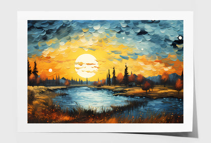 Autumn Trees Landscape & Lake with Sunset Sky Painting Wall Art Limited Edition High Quality Print Unframed Roll Canvas None