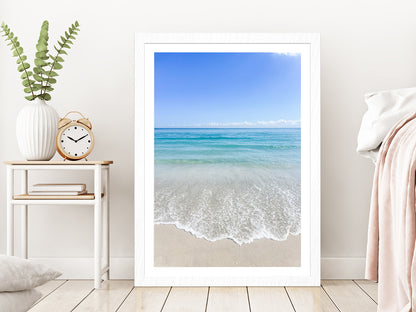 Blue Sky & Beach Waves on Sand Photograph Glass Framed Wall Art, Ready to Hang Quality Print With White Border White