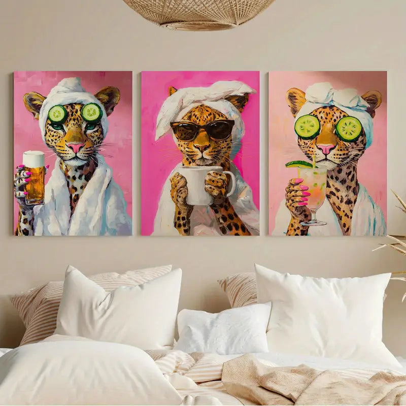 3pcs Cheetah Coffee-Themed Metal Print Ready to Hang Art - Bella Home Decor