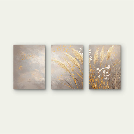 3pcs Metallic Silver Beige Fluffy Grass Print   Wall Art Set Canvas Framed 40x60cm - High Quality Print 100% Australian Made Wall Canvas Ready to Hang