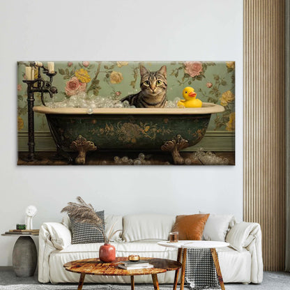 Vintage Bathtub with Rubber Duck & Bubbles Wall Art Canvas Office Home Room Framed 120x60cm