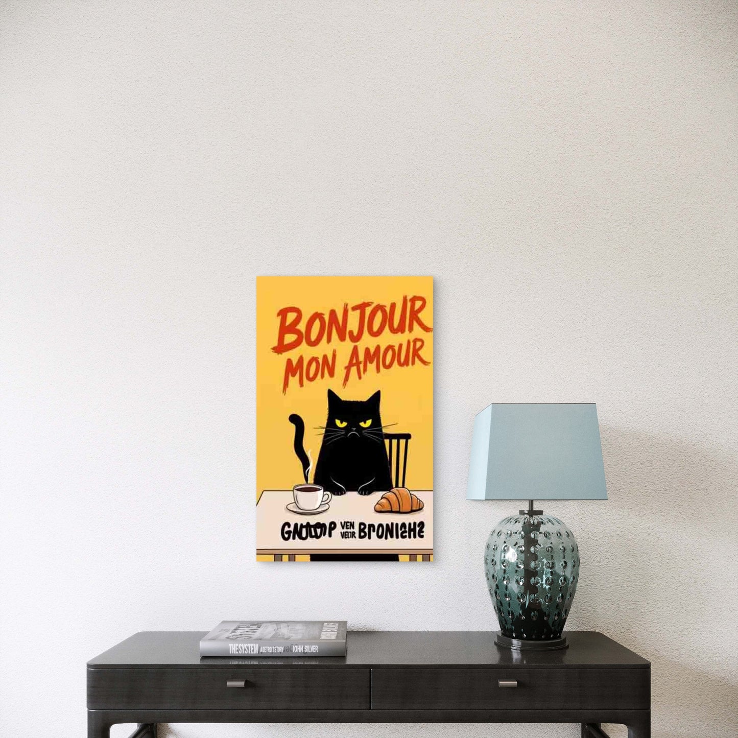 Black Cat Coffee and Croissant Bonjour Mon Amour 60x90cm Metal Print Ready to Hang