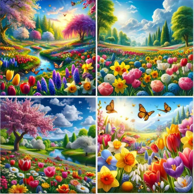 4pcs Flower Grden Scenary Wall Art Canvas Framed