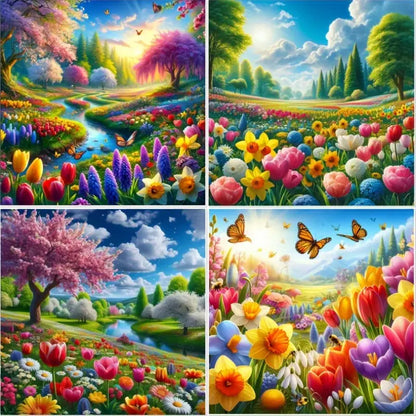 4pcs Flower Grden Scenary Wall Art Canvas Framed