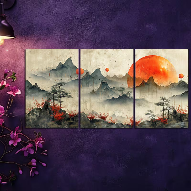 3pcs Landscape with Flowers & Rising Sun Wall Art Set Canvas Framed 50x70cm - High Quality Print 100% Australian Made Wall Canvas Ready to Hang
