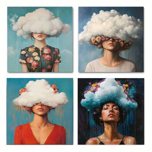 4pcs Abstract Vintage Floral Cloud Design, Fashi Wall Art Canvas Framed