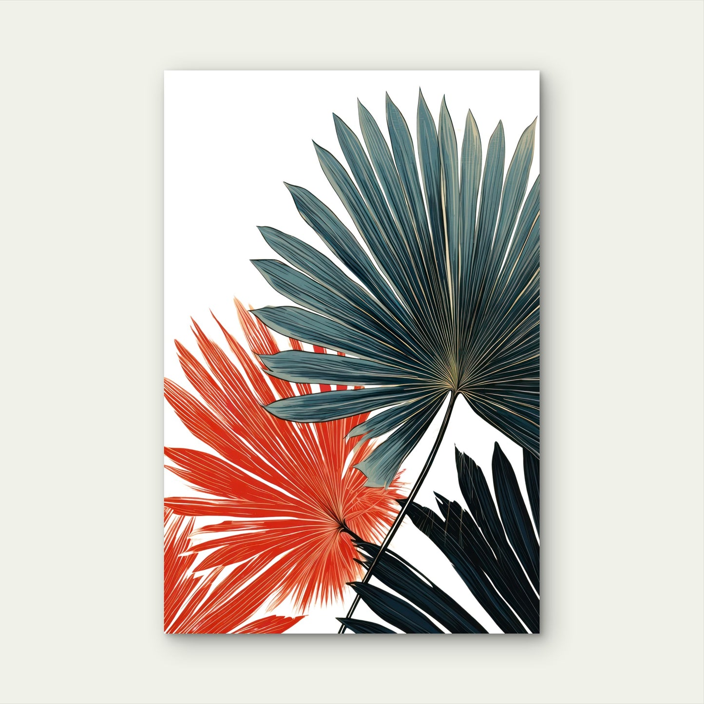 Fan Palm Leaves in Teal and Coral Colors 60x90cm Metal Print Ready to Hang