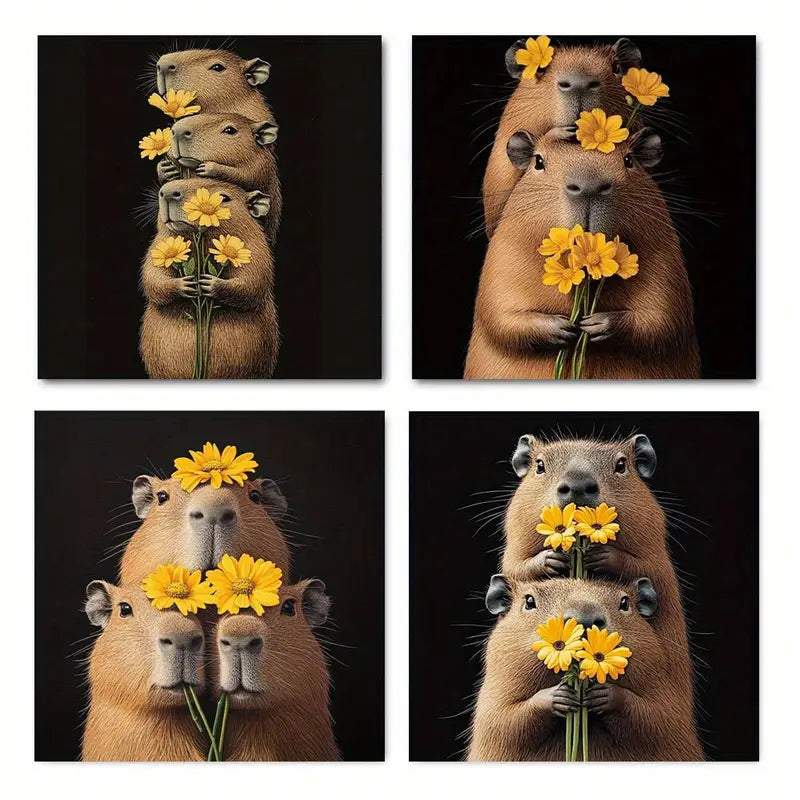 4pcs Capybara and Flowers Vintage Abstract   Wall Art Canvas Framed