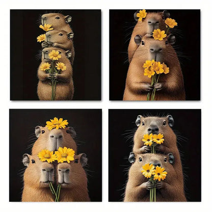 4pcs Capybara and Flowers Vintage Abstract   Wall Art Canvas Framed