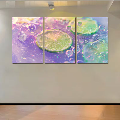 3pcs Sparkling Water and Lime Slices Close-Up Wall Art Set Canvas Framed 50x70cm - High Quality Print 100% Australian Made Wall Canvas Ready to Hang