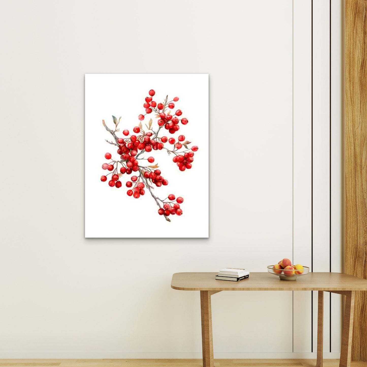 Red Berry Branch Holly Stylish Botanical Metal 40x60cm Print Ready to Hang - Bella Home Decor