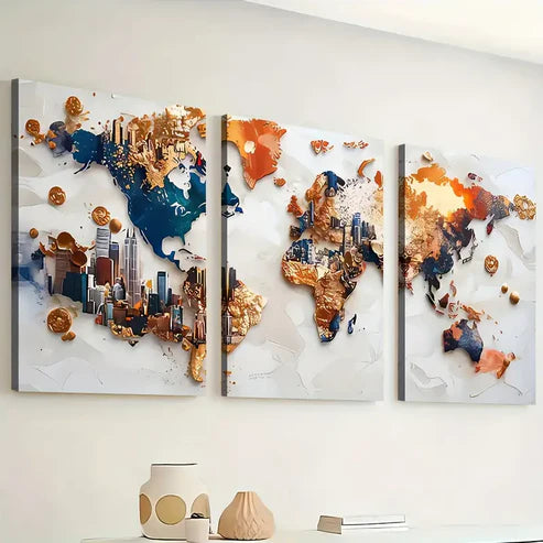 3pcs Modern Style Fashion World Land Map Art Wall Art Canvas Unframed - High Quality Print 100% Australian Made Wall Canvas
