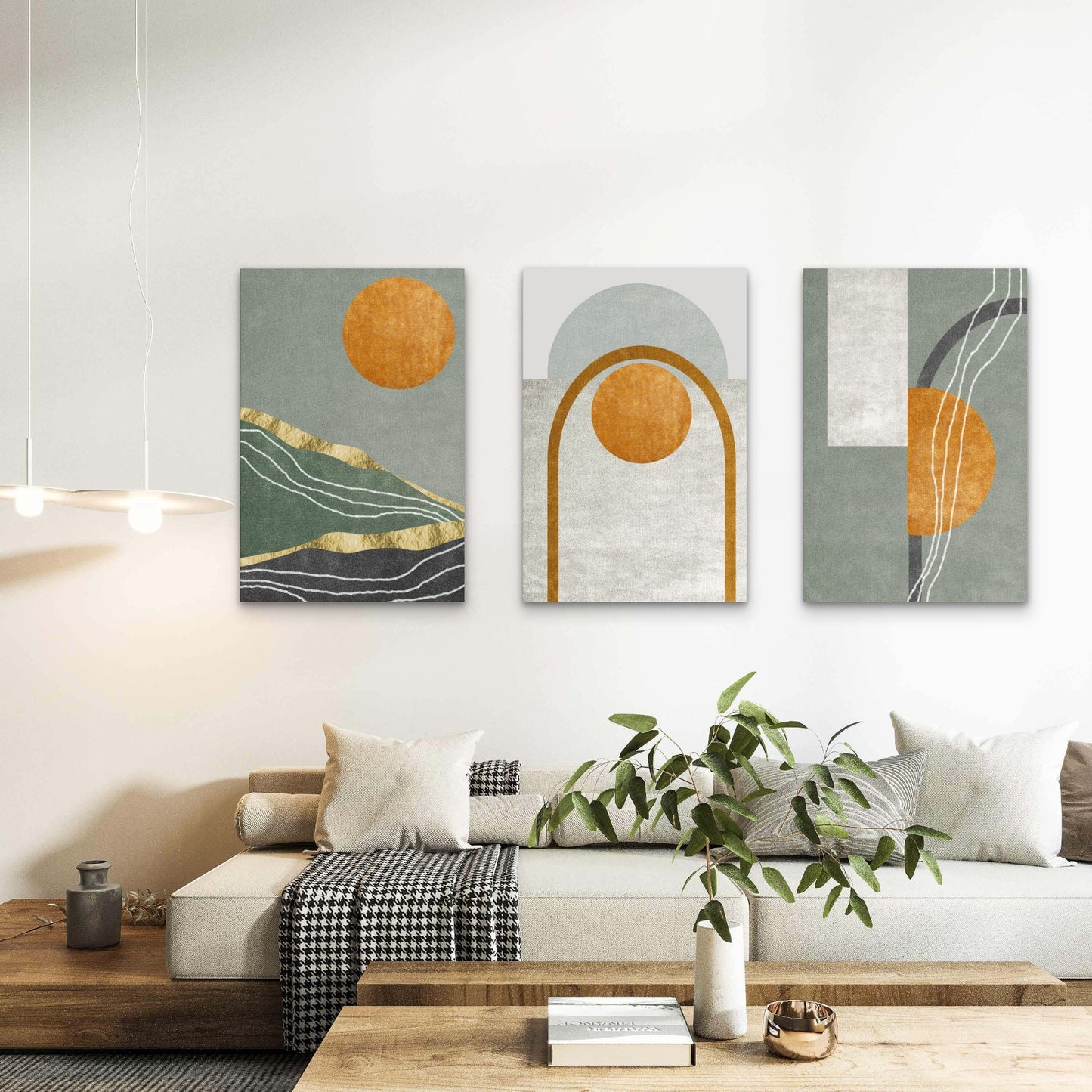 3pcs Green Orange Boho Abstract Modern Wall Art Set Canvas Framed 50x70cm - High Quality Print 100% Australian Made Wall Canvas Ready to Hang