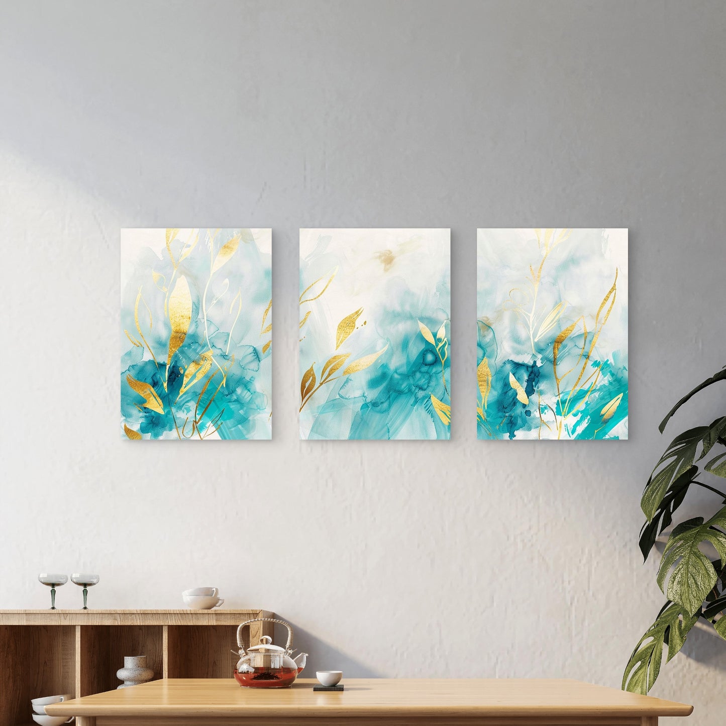 3pcs Teal and Gold Abstract Leaves   Wall Art Set Canvas Framed 40x60cm - High Quality Print 100% Australian Made Wall Canvas Ready to Hang