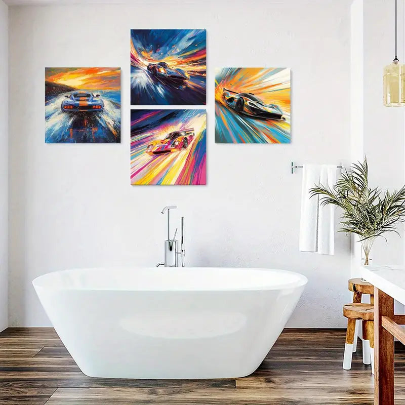 4pcs Cars Poster, Dynamic Lines  Wall Art Canvas Framed