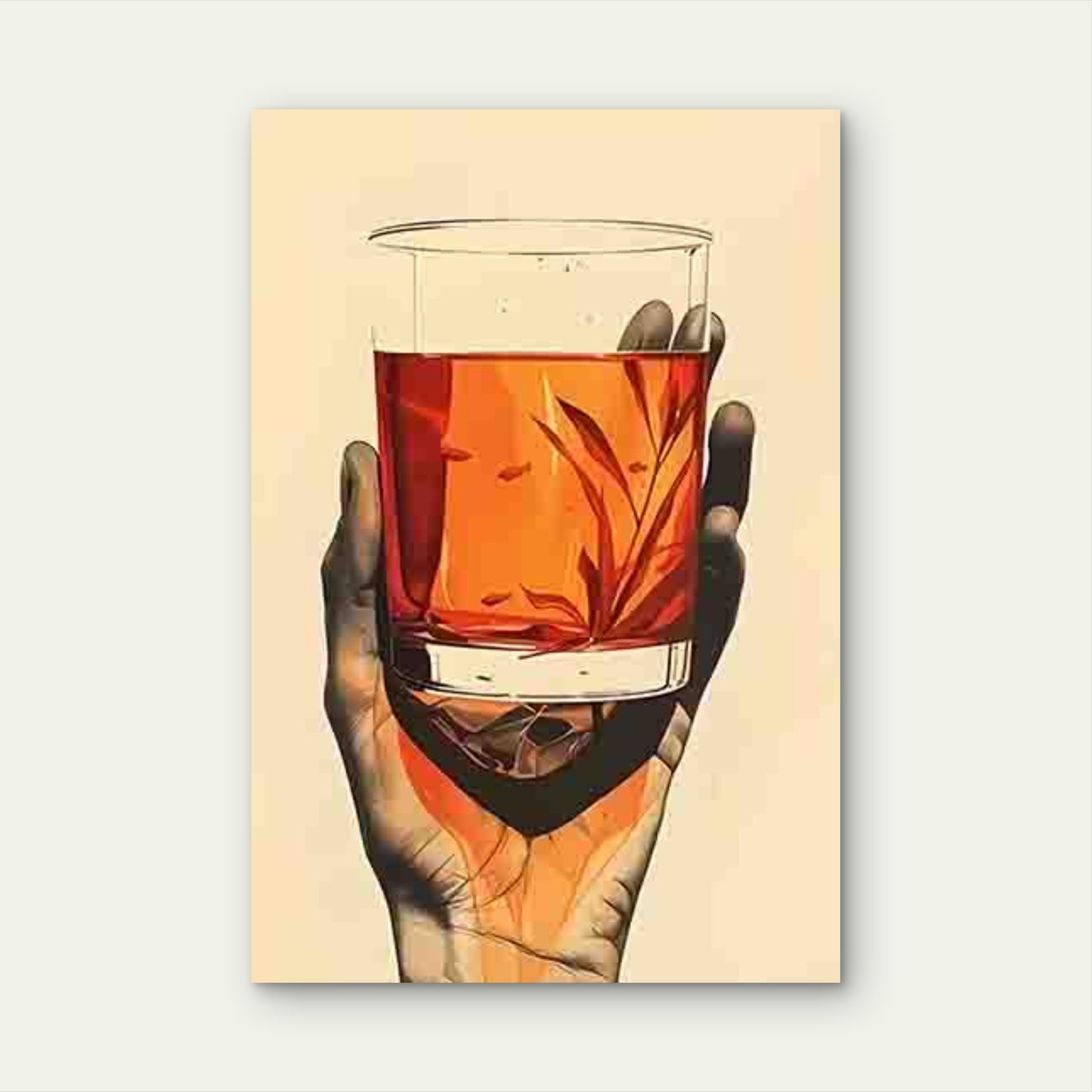 Handheld Red Liquid Glass with Plant Leaves 60x90cm Metal Print Ready to Hang