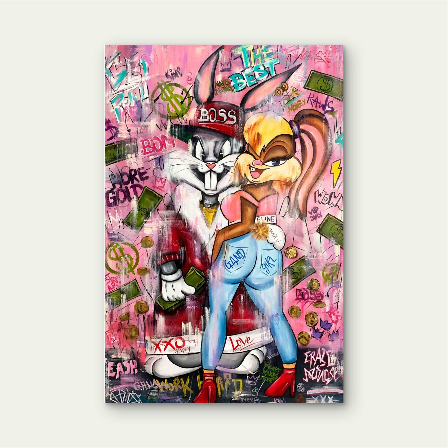 Cartoon Rabbits Couple Pink Graffiti 60x90cm Metal Print Ready to Hang