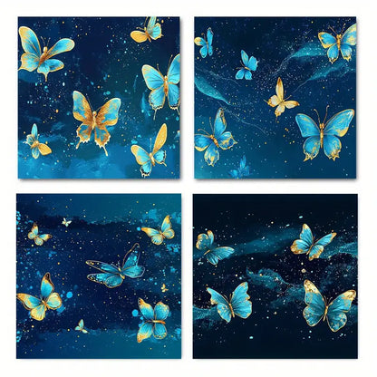 4pcs    Blue & Golden Butterflies in Starry hg    Wall Art Canvas Framed