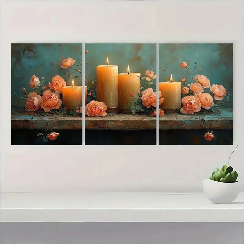 3pcs Elegant Floral & Candlelight Painting Metal Print Ready to Hang Art