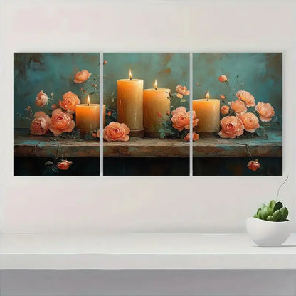 3pcs Elegant Floral & Candlelight Painting Metal Print Ready to Hang Art