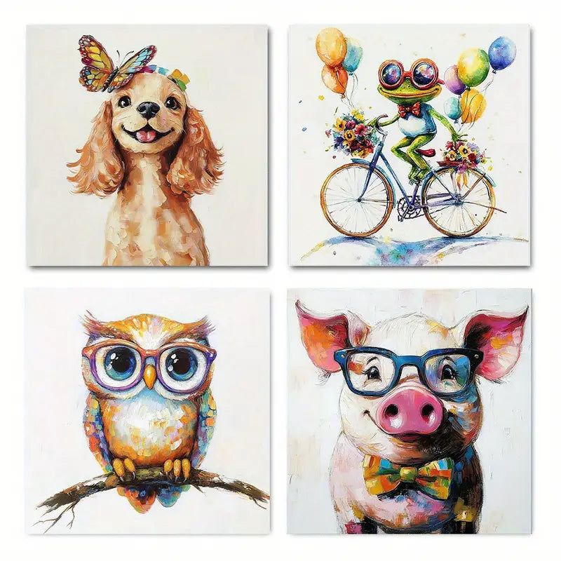 4pcs Funny Colorful Happy Animal Wall Art Canvas Framed