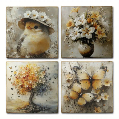 4pcs Bird With Flower Hat Wall Art Canvas Framed