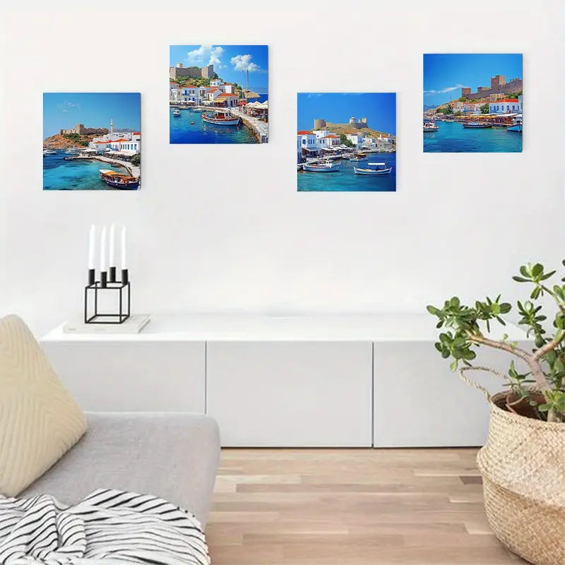 4pcs Greek Shoreline Scenery With Blue Waters Wall Art Canvas Framed