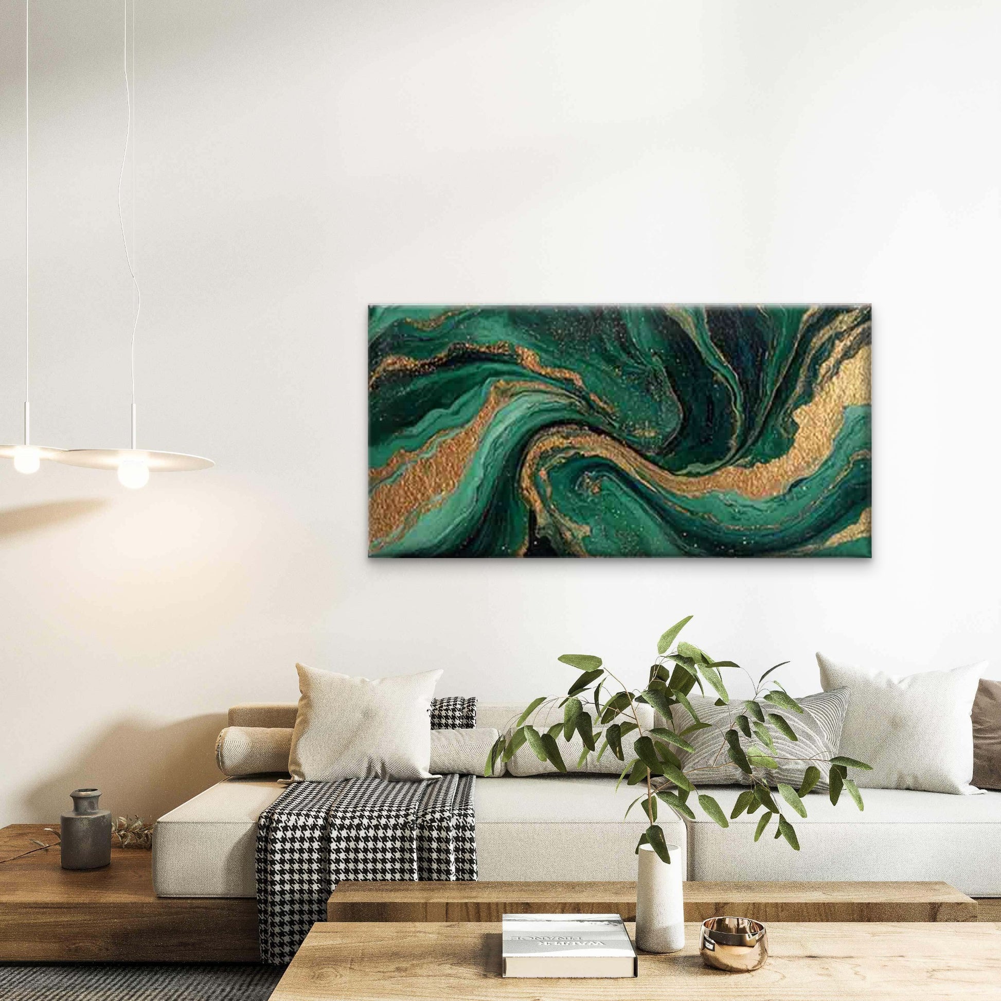 Emerald And Golden Fluid Art Wall Art Canvas Office Home Room Framed 120x60cm - Bella Home Decor