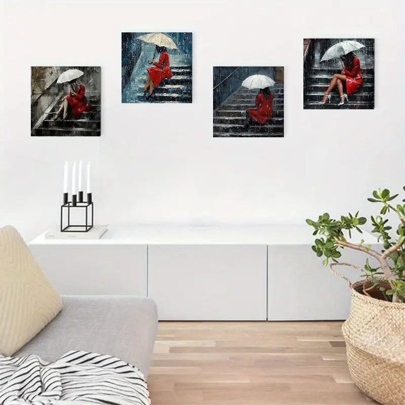 4pcs Red Umbrella Woman Themed  RA  Wall Art Canvas Framed