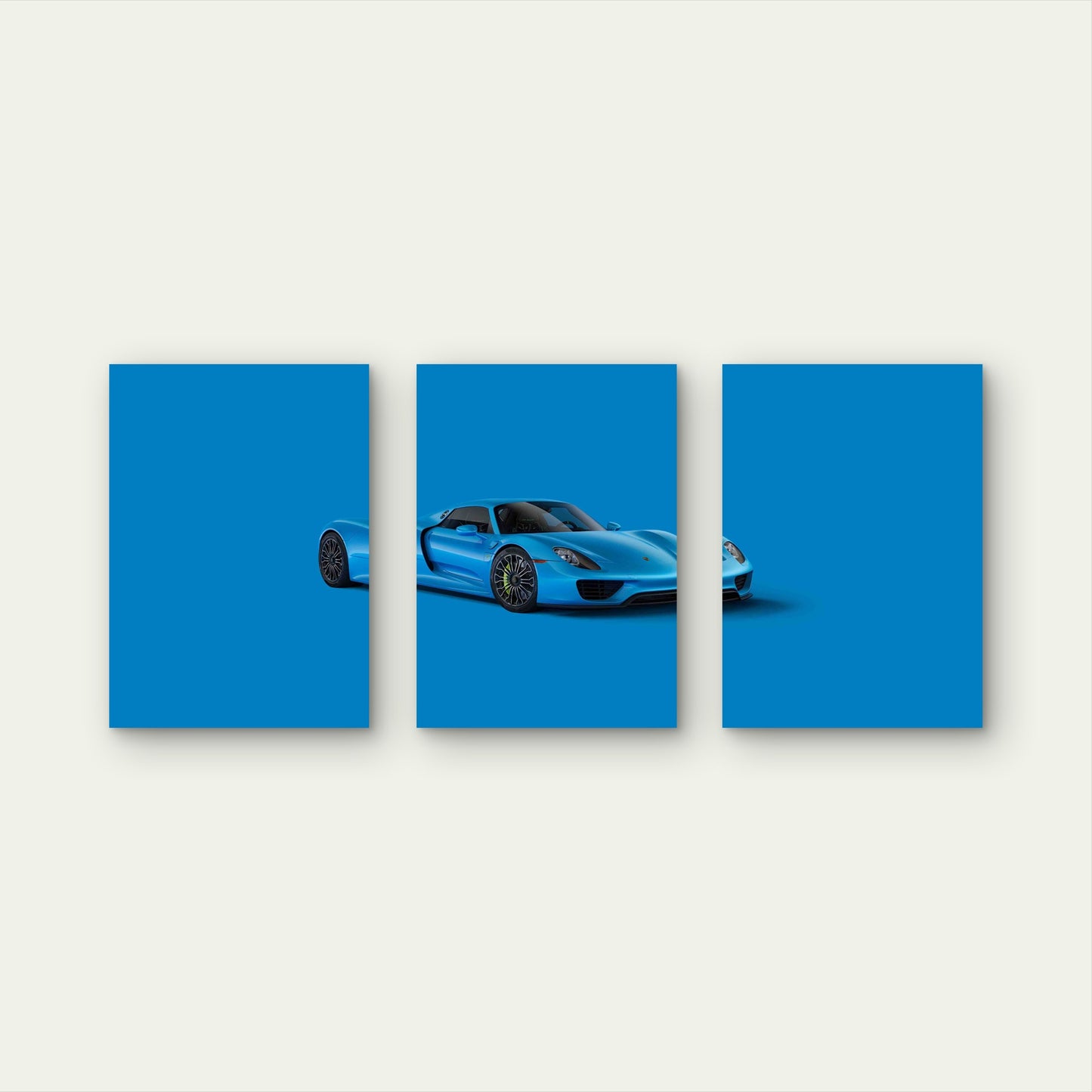 3pcs Cerulean Blue European Hybrid Hypercar Metal Print Ready to Hang Art