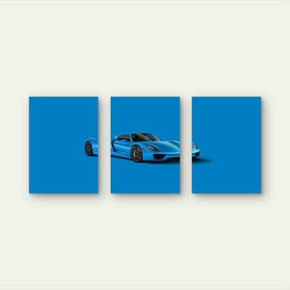 3pcs Cerulean Blue European Hybrid Hypercar Metal Print Ready to Hang Art