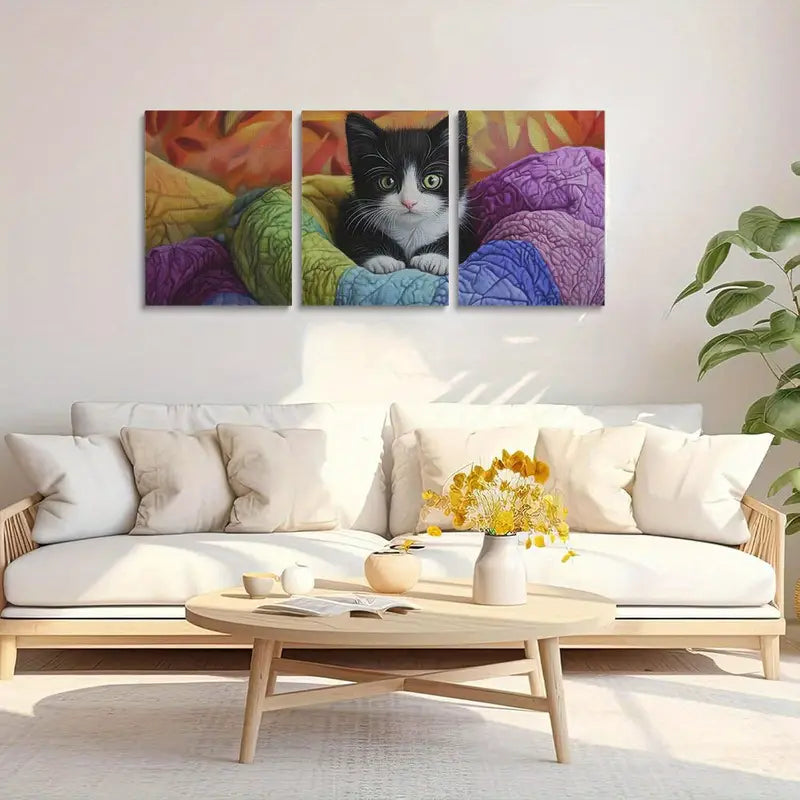 3pcs Vibrant Black and White Kitten with Soft Fur Metal Print Ready to Hang Art