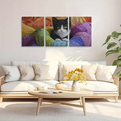 3pcs Vibrant Black and White Kitten with Soft Fur Metal Print Ready to Hang Art