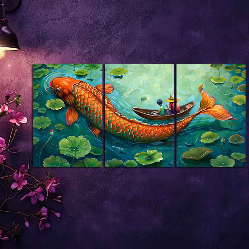 3pcs Serene Lake Scene with Koi Fish and Lotus Wall Art Set Canvas Framed 50x70cm - High Quality Print 100% Australian Made Wall Canvas Ready to Hang