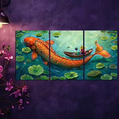 3pcs Serene Lake Scene with Koi Fish and Lotus Wall Art Set Canvas Framed 50x70cm - High Quality Print 100% Australian Made Wall Canvas Ready to Hang